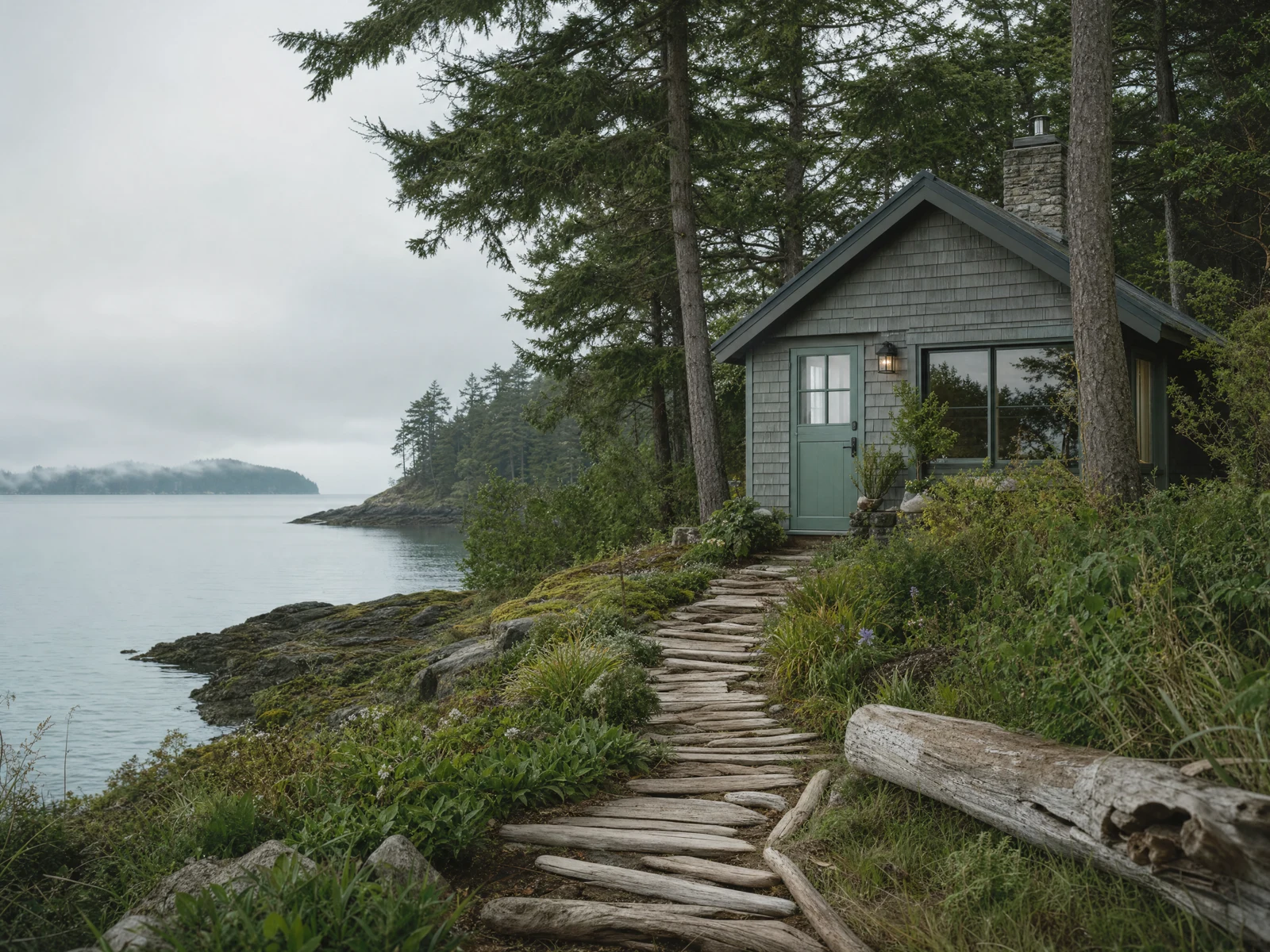 Illustrative island shoreline and coastal home